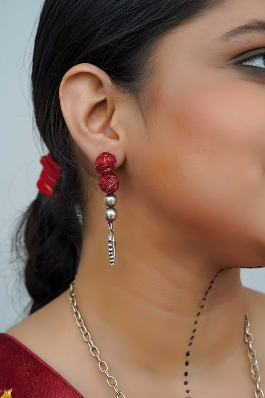 Red Thread Ball and Leaf Drop Earrings