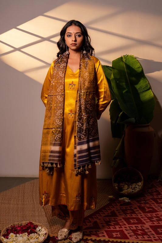 Artisanal Rust Patola Silk Stole – Heritage Weave Handwoven Silk Patola Stole