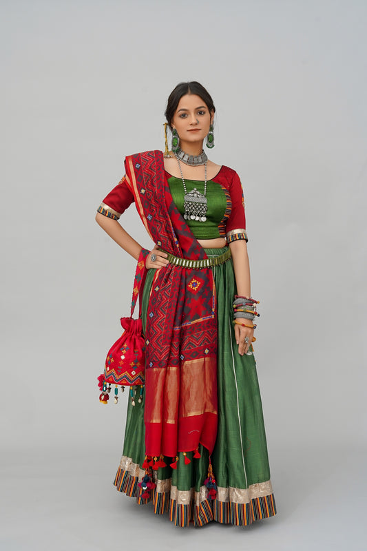 Green Chanderi Silk Navratri Lehenga With Handwoven Mashru Stripes & Original Lumpi Border
