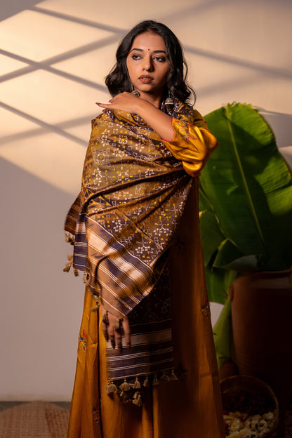 Artisanal Rust Patola Silk Stole – Heritage Weave Handwoven Silk Patola Stole