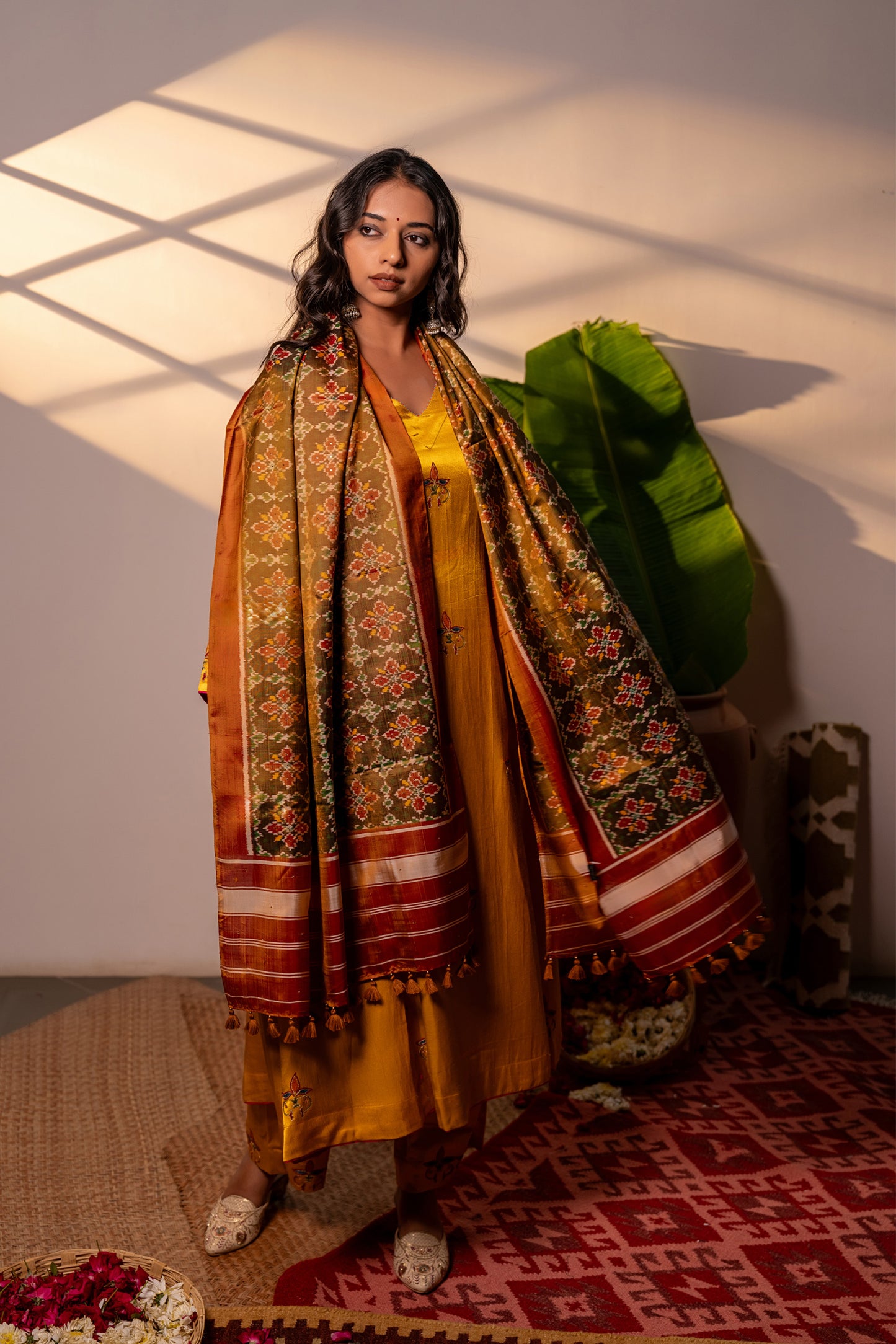 Handwoven Rust Patola Silk Stole – Artisanal Heritage Design