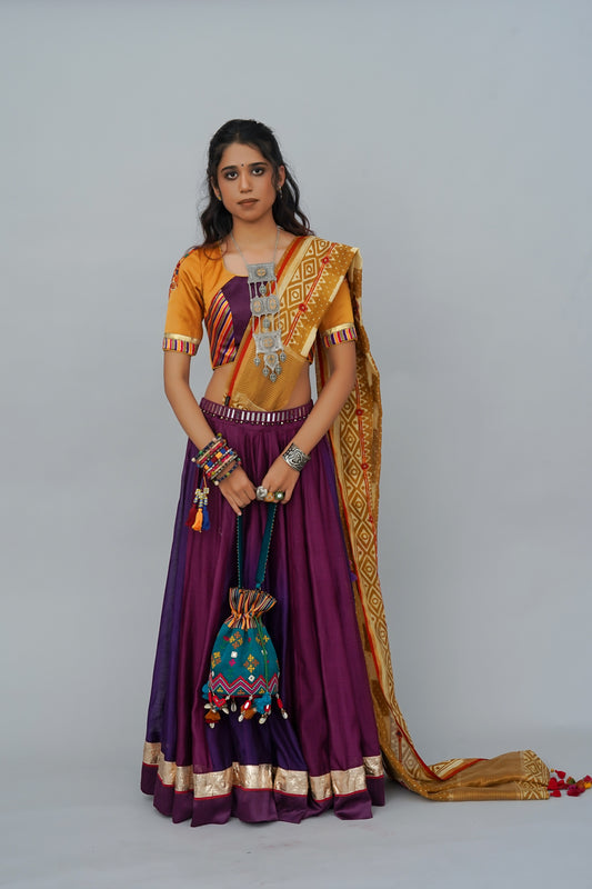 Gorgeous Mustard- Purple Mashru Silk Hand-Embroidered Blouse