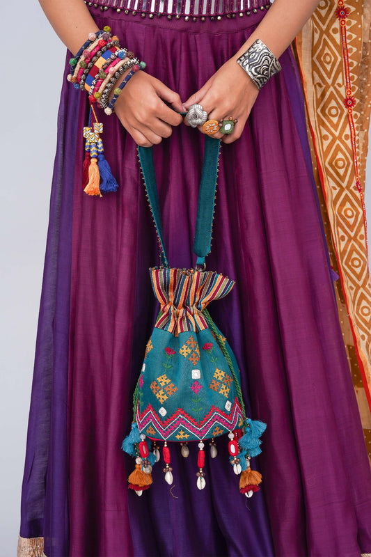 Mint Flower Rabari Ivory Potli