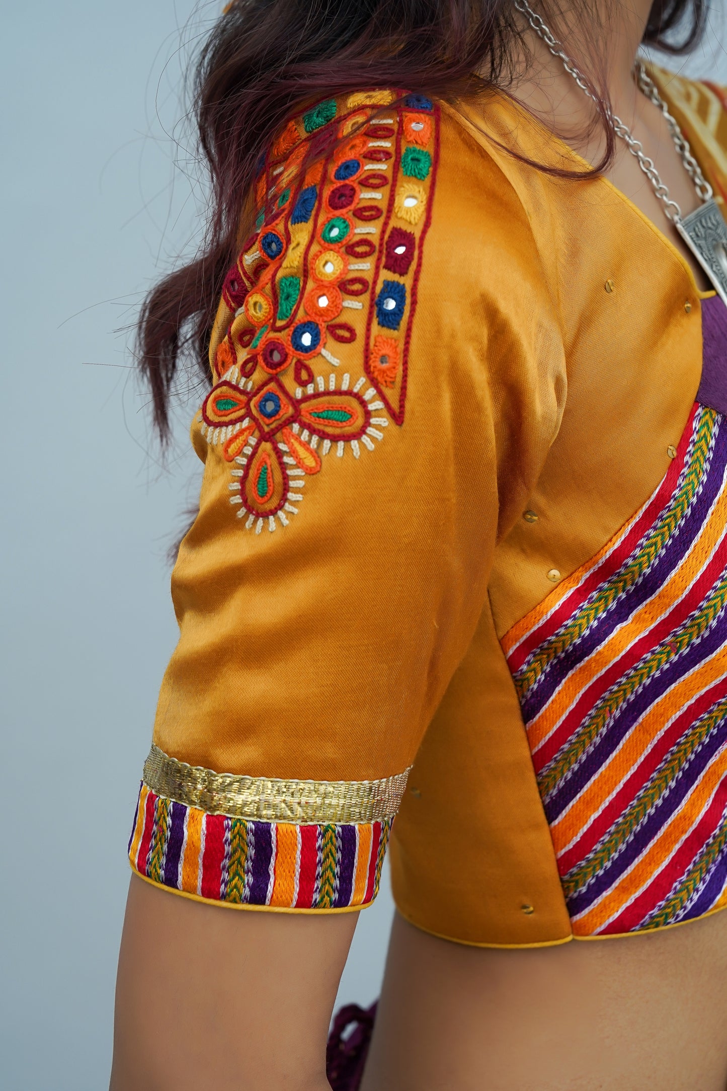 Gorgeous Mustard- Purple Mashru Silk Hand-Embroidered Blouse