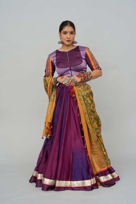 Purple-Wine Ombre Chanderi Silk Lehenga With Original Lumpi Border