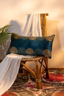 Blue Ajrak & Mirror Work Lumbar Cushion Cover | Handcrafted Gaji Fabric | Craftroots