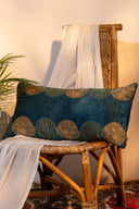 Blue Ajrak & Mirror Work Lumbar Cushion Cover | Handcrafted Gaji Fabric | Craftroots