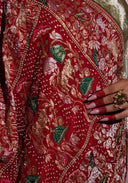 Crimson Red Bandhani Brocade Georgette Saree with Pitta Aari & Bead Work