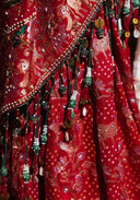 Crimson Red Bandhani Brocade Georgette Saree with Pitta Aari & Bead Work