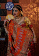 Sunset Orange Gaji Silk Bandhani Brocade Saree with Pitta, Bead & Tikki Work
