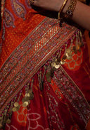 Sunset Orange Gaji Silk Bandhani Brocade Saree with Pitta, Bead & Tikki Work