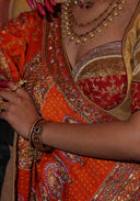 Sunset Orange Gaji Silk Bandhani Brocade Saree with Pitta, Bead & Tikki Work