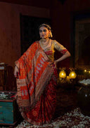 Sunset Orange Gaji Silk Bandhani Brocade Saree with Pitta, Bead & Tikki Work