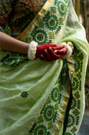 Craftroots Handcrafted Lemon Green Chanderi Saree with Rabari Work and Tassels