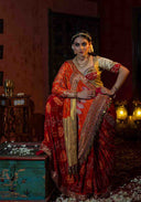Sunset Orange Gaji Silk Bandhani Brocade Saree with Pitta, Bead & Tikki Work