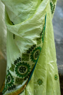 Craftroots Handcrafted Lemon Green Chanderi Saree with Rabari Work and Tassels