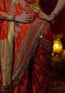 Sunset Orange Gaji Silk Bandhani Brocade Saree with Pitta, Bead & Tikki Work