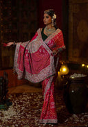 Rose Pink Gaji Silk Bandhani Saree with Pitta Aari & Bead Work