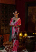 Rose Pink Gaji Silk Bandhani Saree with Pitta Aari & Bead Work