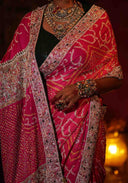 Rose Pink Gaji Silk Bandhani Saree with Pitta Aari & Bead Work