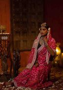 Rose Pink Gaji Silk Bandhani Saree with Pitta Aari & Bead Work