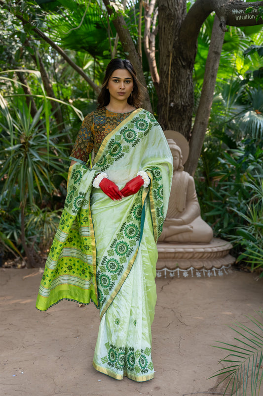 Craftroots Handcrafted Lemon Green Chanderi Saree with Rabari Work and Tassels