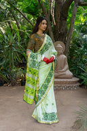 Craftroots Handcrafted Lemon Green Chanderi Saree with Rabari Work and Tassels