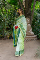 Craftroots Handcrafted Lemon Green Chanderi Saree with Rabari Work and Tassels