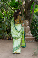 Craftroots Handcrafted Lemon Green Chanderi Saree with Rabari Work and Tassels