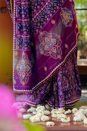 Craftroots Handwoven Blue Patola Silk Saree with Khat Work and Tassels