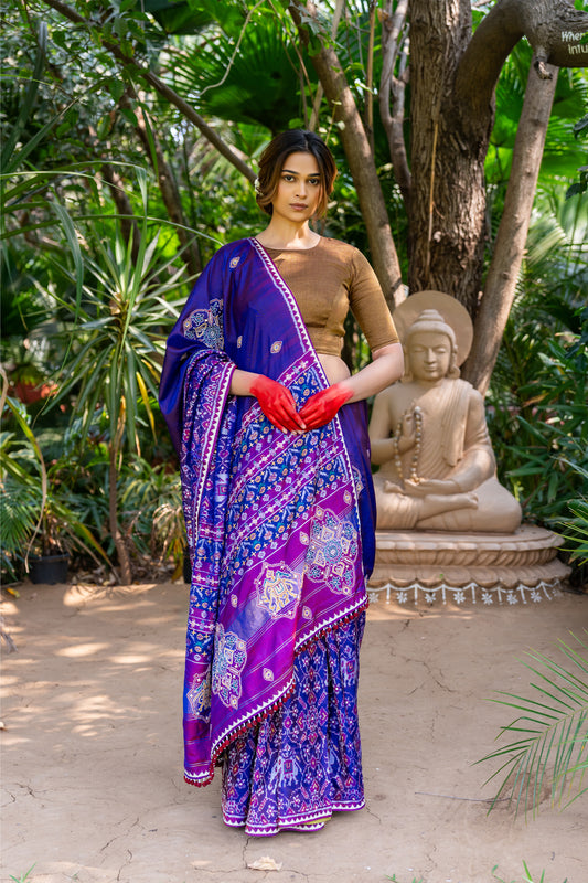Craftroots Handwoven Blue Patola Silk Saree with Khat Work and Tassels
