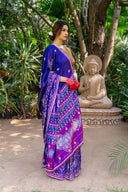 Craftroots Handwoven Blue Patola Silk Saree with Khat Work and Tassels