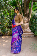 Craftroots Handwoven Blue Patola Silk Saree with Khat Work and Tassels