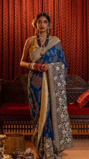 Royal Blue Bandhani Brocade Georgette Saree with Pitta Tikki & Bead Work