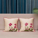 Cream Slub Silk Cushion Cover with Aari Work Lotus & Motif | 16x16 | Craftroots