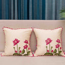 Cream Slub Silk Cushion Cover with Aari Work Lotus & Motif | 16x16 | Craftroots