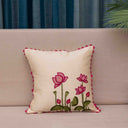 Cream Slub Silk Cushion Cover with Aari Work Lotus & Motif | 16x16 | Craftroots
