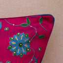 Pink Slub Silk Aari Work Flower Jaal Cushion Cover 16x16 | Craftroots