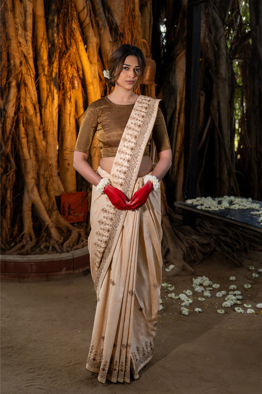 Craftroots Handcrafted Beige Satin Silk Saree with Dharwadi Work