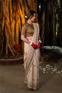Craftroots Handcrafted Beige Satin Silk Saree with Dharwadi Work
