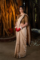 Craftroots Handcrafted Beige Satin Silk Saree with Dharwadi Work