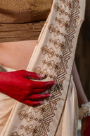 Craftroots Handcrafted Beige Satin Silk Saree with Dharwadi Work