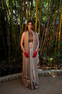 Craftroots Handcrafted Beige Satin Silk Saree with Handwork and Tassels