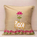 Pichwai-inspired cotton cushion cover with Aari work
