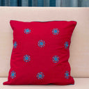 Red cotton handwork cushion cover with blue circular motifs