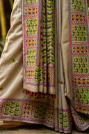 Craftroots Handcrafted Beige Satin Silk Saree with Handwork and Tassels