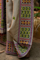 Craftroots Handcrafted Beige Satin Silk Saree with Handwork and Tassels