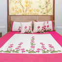 Cream slub silk bedsheet set with Aari work and lotus motifs
