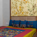 Blue Banaras Kanta bedsheet set with pillow and cushion covers
