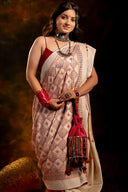 Handwoven White Satin Silk Saree With Dharwadi Motifs